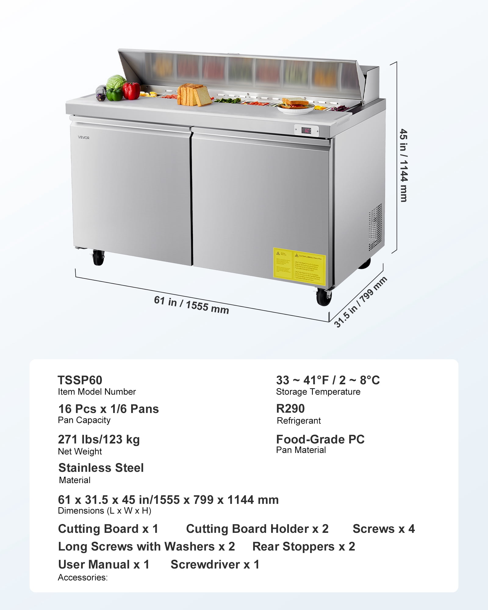 VEVOR 60 Inch W Commercial Refrigerator, 15.4 Cubic Feet Sandwich Prep Refrigerated Table, Ultra Top Food Prep Refrigerator with 16 Pans & Cutting Boards