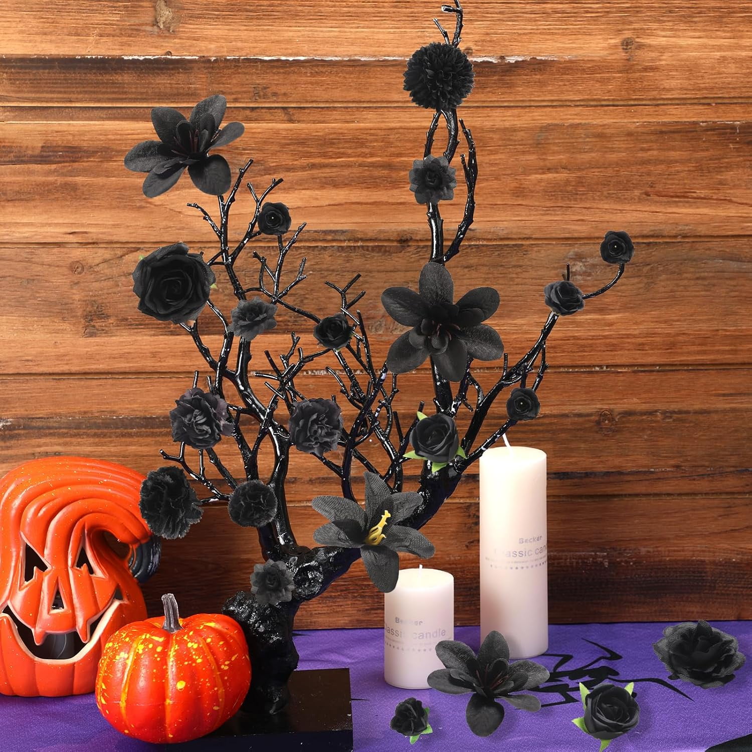Fake Flower Heads for Crafts - Black Silk Artificial Roses, Peonies, Daisies & Floral Heads for Wedding Decor, Graduation Caps, and Home Decoration