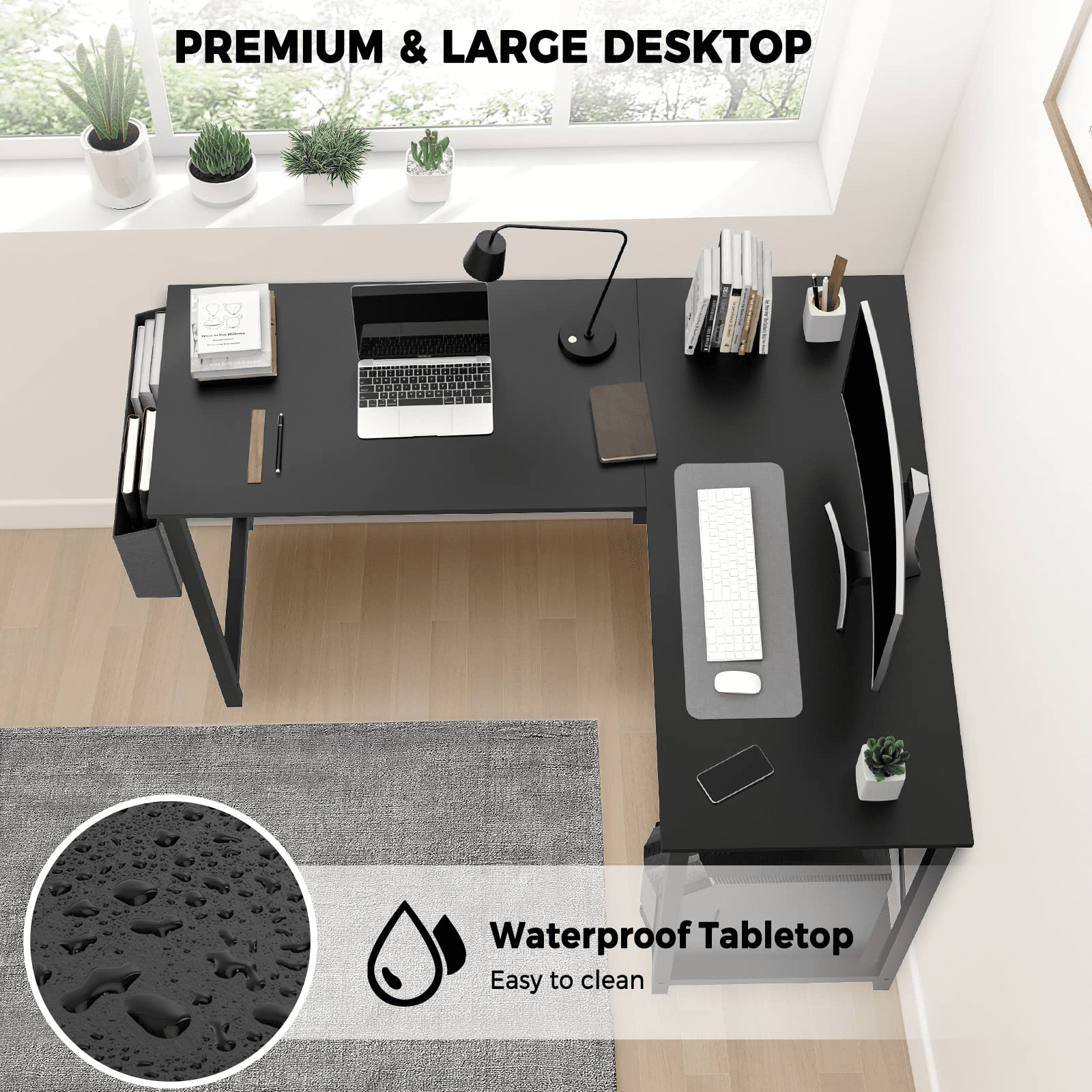 Office Desk, L Shaped Corner Computer Desk with Side Storage Bag and CPU Stand Shelf, 49 Inch, Black