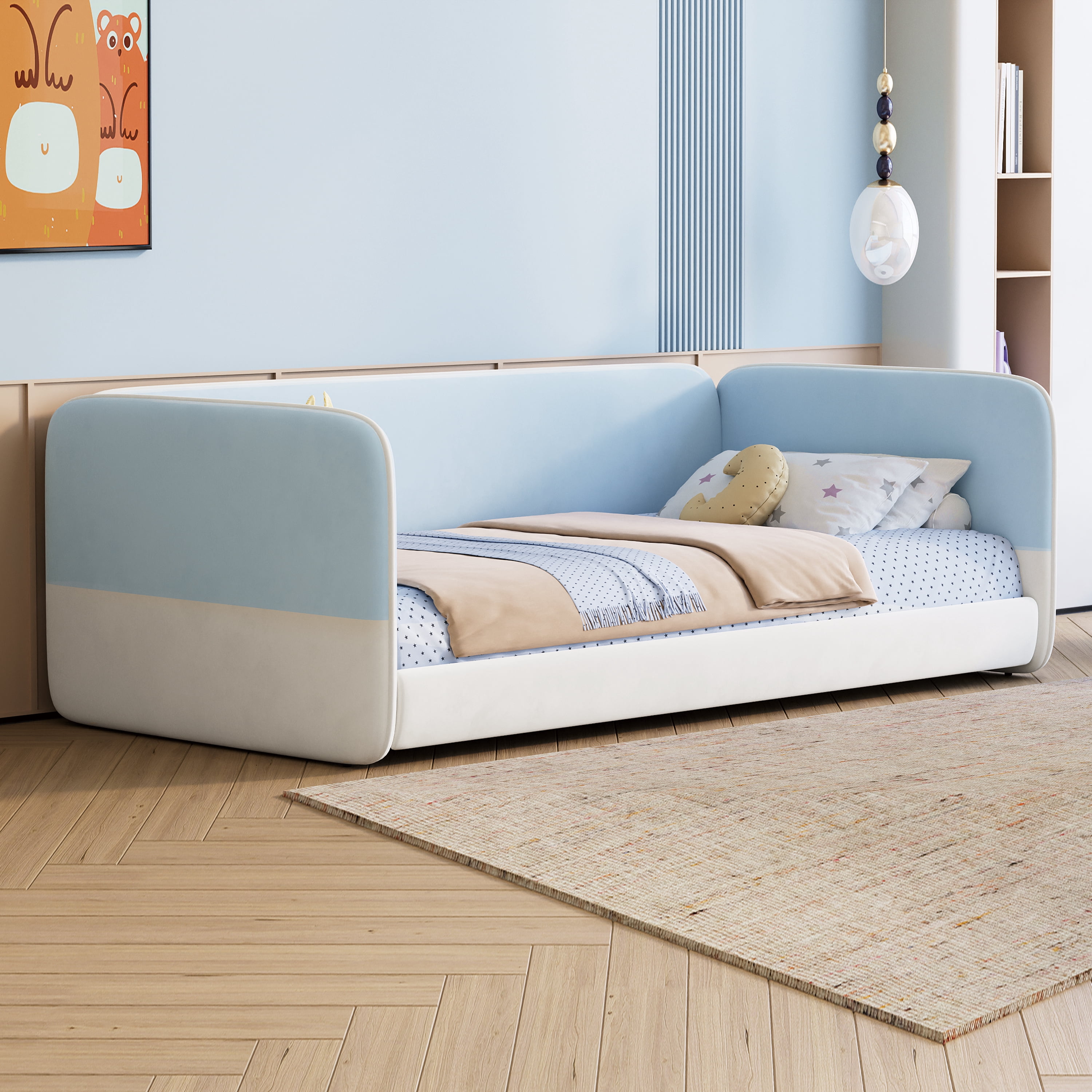 Euroco Upholstery Twin Size Platform Bed, Velvet Low Profile Floor Sofa Bed, Blue