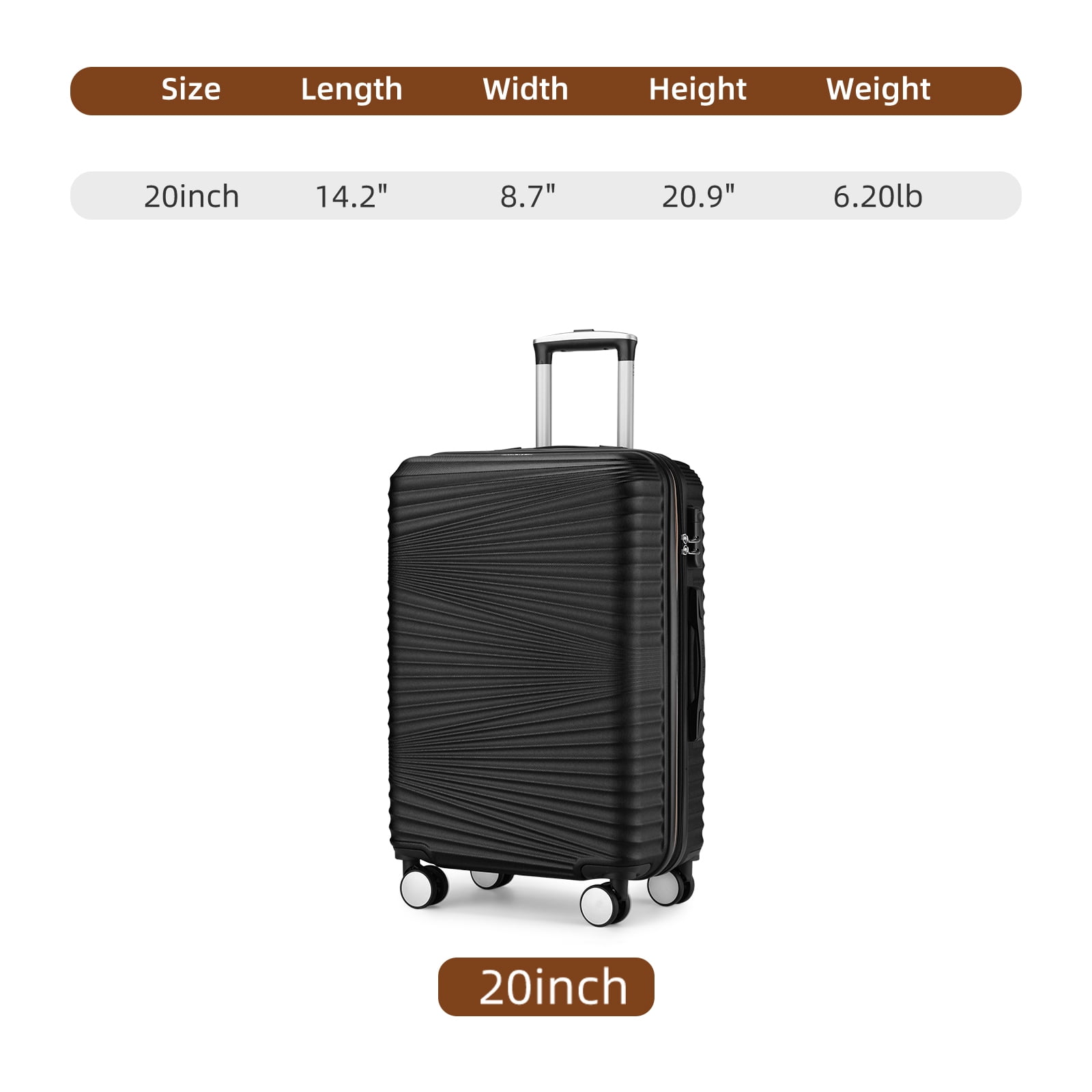 20 Inch Expandable Carry On Luggage, ABS Hardside Suitcase with Double Spinner Wheels, TSA Lock, Lightweight Rolling Travel Case Black