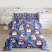 Manfei Kawaii Blue Penguin Queen Comforter Set for Kid, Antarctic Wildlife Bedding Comforter Set, Cute Christmas Animal Bedding Set, Ultra Soft Home Decor, 3pcs