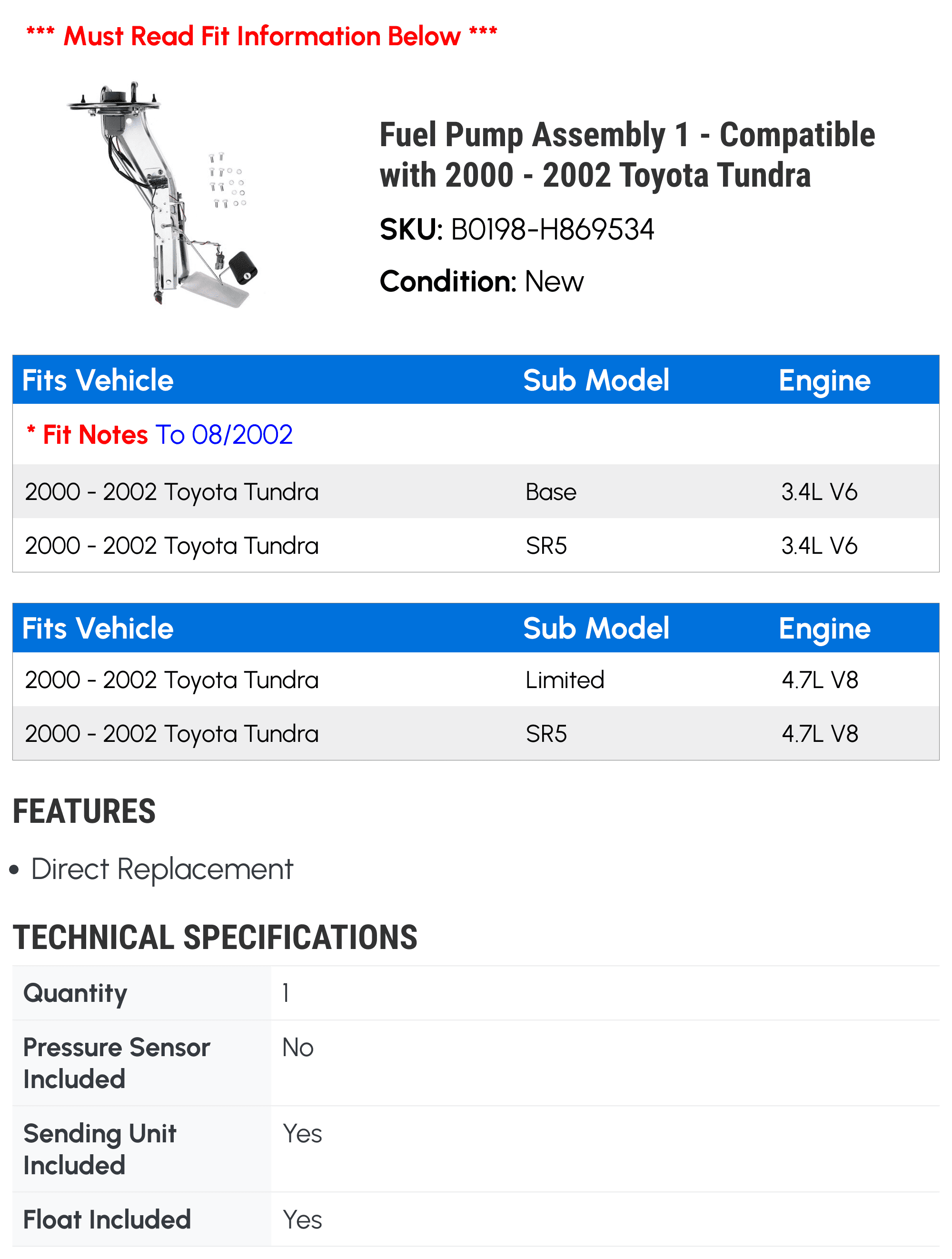 Fuel Pump Assembly 1 - Compatible with 2000 - 2002 Toyota Tundra - Autopart Premium