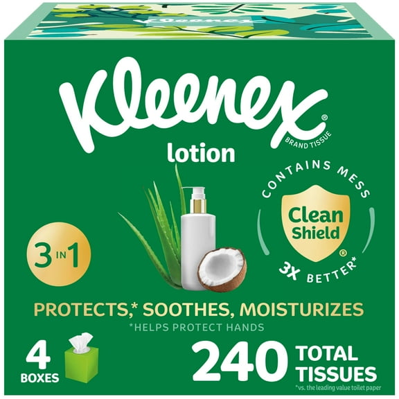Kleenex Lotion Facial Tissues with Coconut Oil, 4 Cube Boxes, 60 Tissues Per Box, 3-Ply