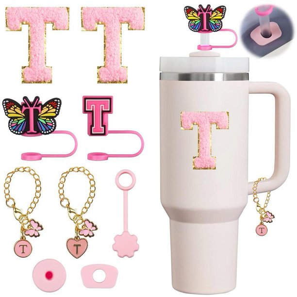 Set de accesorios con temática de la Copa Stanley rosa: 2 pajitas, 2 agitadores, 2 colgantes y 3 dispositivos antiderrames, compatible con accesorios de la Copa.