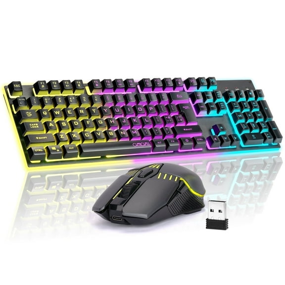 Gaming Keyboard and Mouse Wireless, Rechargeable RGB Backlit, Metal Panel, Mechanical Feel Anti-ghosting Keyboard with Side Button Mouse for PC Laptop Compatible with Windows Mac Ps4/Ps5 Xbox