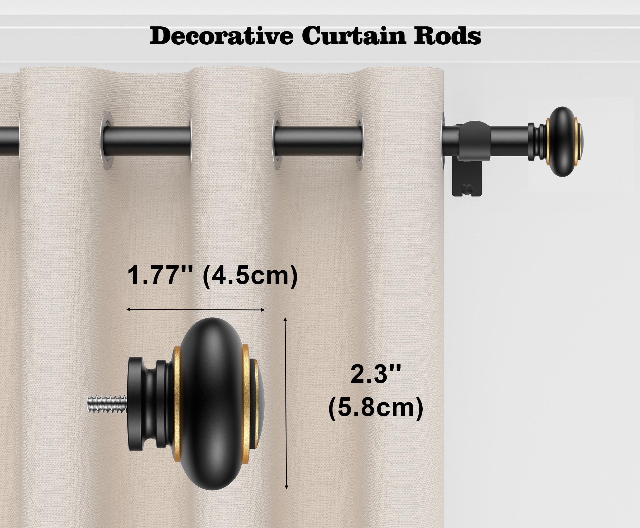 BloomFlower Curtain Rods 18-128 inch, for Window 120 Inch, Adjustable Length Heavy Duty Diameter 7/8 inch, Modern Finials, Black
