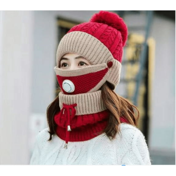 3 Pieces Set Women's Knitted Hat Scarf Caps Neck Warmer Winter Hat For Ladies Girls Skullies