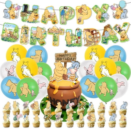 Winnie the Pooh Birthday Decorations, 56 Pcs Winnie the Pooh Baby Shower Decorations Include Banner, Cake Topper, Cupcake Toppers, Balloons for Kids Winnie Bear Party Supplies