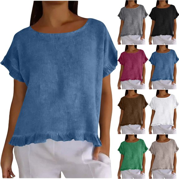 Women's Solid Loose Fit Short Sleeve Round Neck Ruffle Pleated Linen Casual Blouse Shirt Comfy Breathable Work Office Outfits | CSEONE,Black L