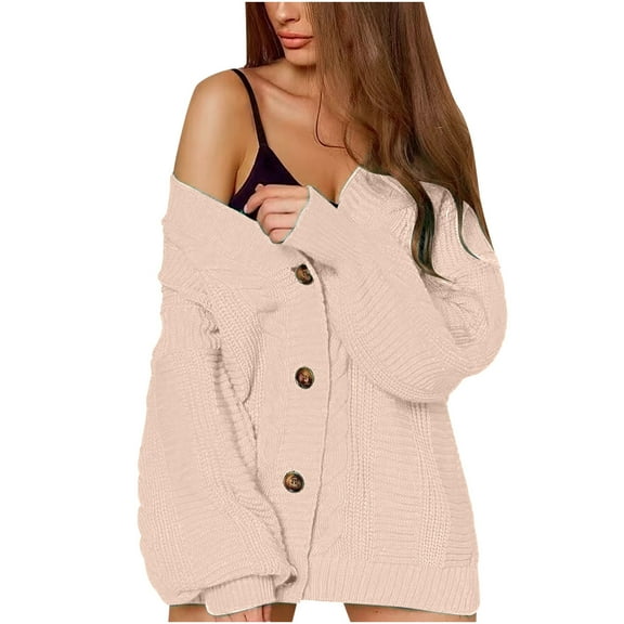 Odeerbi Cardigan Sweaters For Women Fall Winter Sweaters Trendy Solid Color Button Up Long Sleeves Knit Loose Tops Blouse Khaki