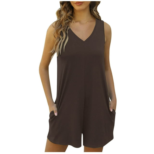 Mrat Combinaison Décontractée pour Femmes, Combishort Extensible Sans Manches à Col en V avec Poches, Marron P-45 S