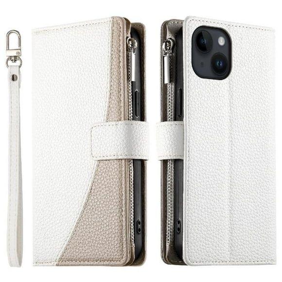 Funda cartera GANGXUN para iPhone 14 , cuero PU con tarjetero, cremallera, correa de mano, soporte y protección 801°