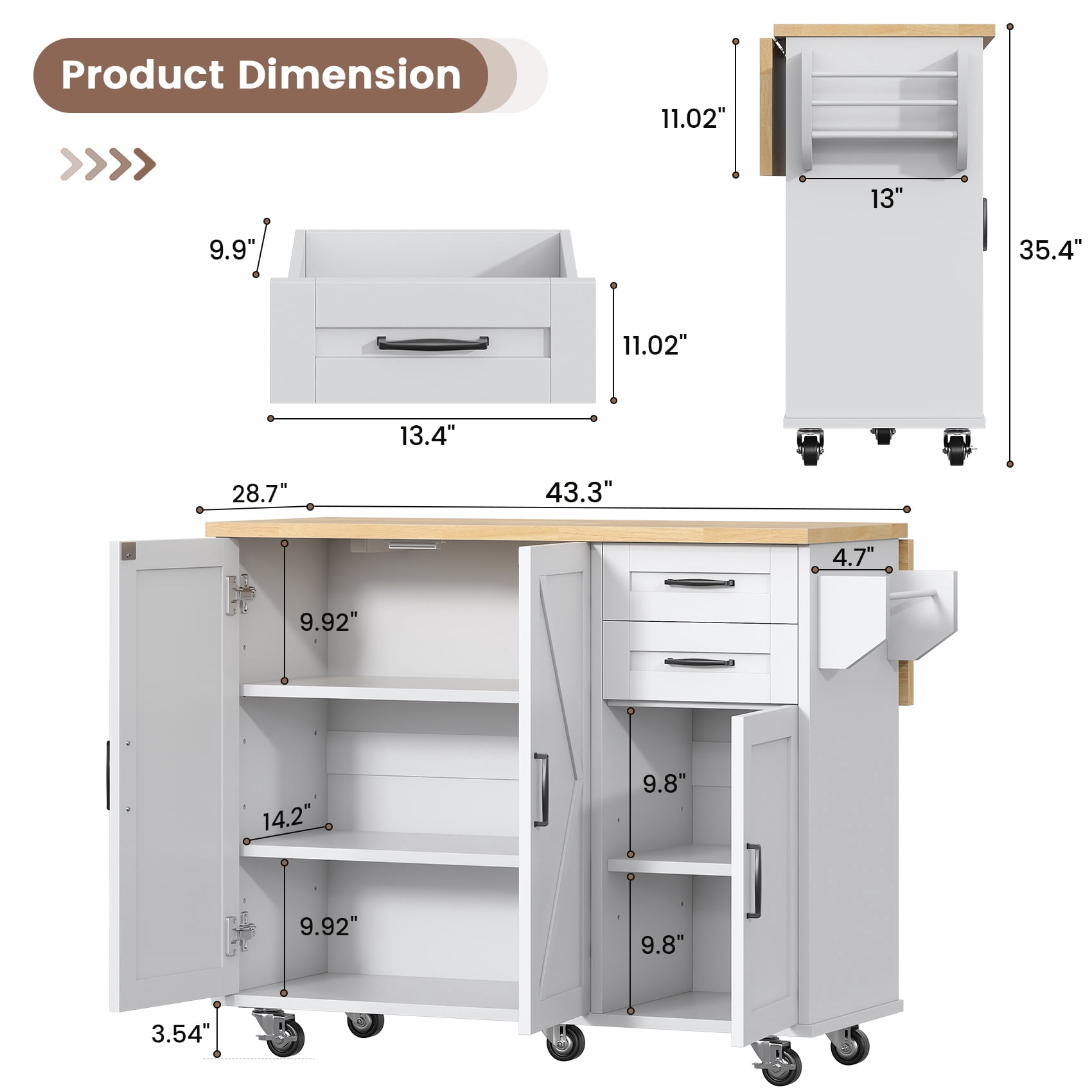 Meteorleg 51.2'' Kitchen Island Cart on Wheels, 3-Doors 2-Drawers Rolling Storage Cart with Adjustable Shelves & Rubberwood Countertop, White