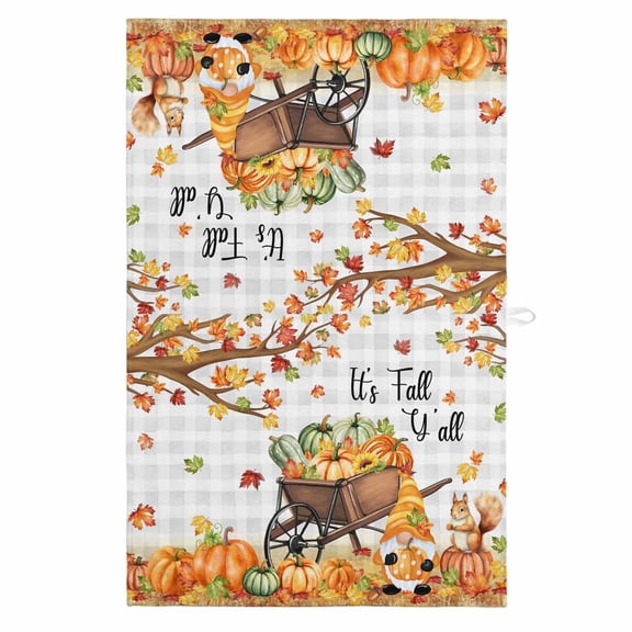 Fall Pumpkins Gnomes 1 Pack Kitchen Towel, Water Absorbent Dish Towel, Thanksgiving Maple Leaves Farmhouse Plaid Decorative Hand Towels - Quick Drying Cloth for Cooking Baking, 18x28 Inch