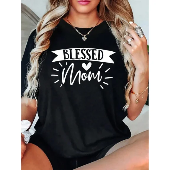 Blessed Mom Heart Faith Graphic T-Shirt for Women - Inspirational Christian Mother's Day Crewneck Tee - Cute Religious Saying Apparel