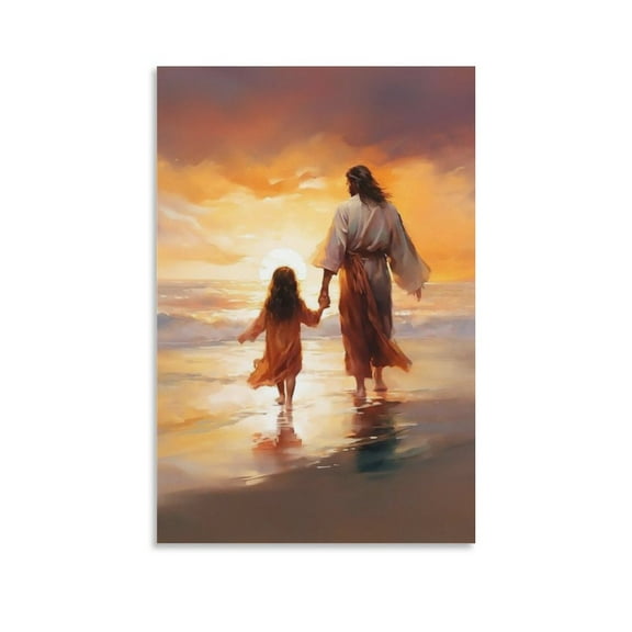 Jesus And Little Girl Walking on The Beach Wall Decor Art - Jesus Christ Canvas Painting Wall Art Picture Painting Poster Canvas Print Posters Artworks Bedroom Living Room Decor 24x36inch(60x90cm)