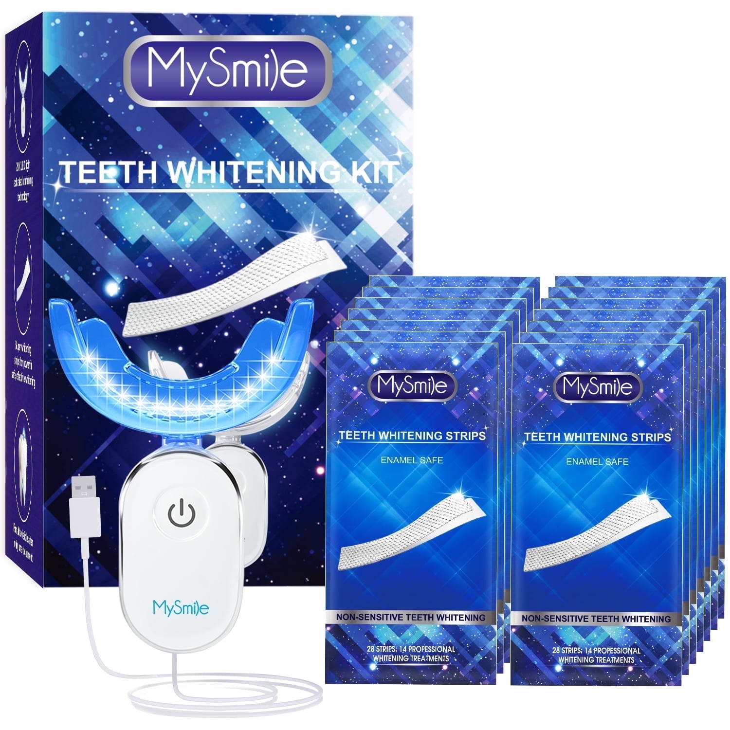 MySmile Teeth Whitening Strips Kit with 28-LED Light, 28pcs 8%HP White Strips Non-Sensitive Remove 20 Years of Stains