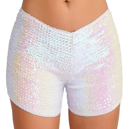 YONGHS Women s Sequin Sparkly Mini Booty Shorts Low Rise Rave Cheeky Shorts for Disco Festival Club Nightout White L
