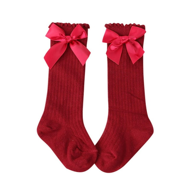 Chaussettes Hautes Jusqu'aux Genoux pour Tout-Petites Filles avec Nœud en Coton Bas Longs Nouveau-Nés Nourrissons Tout-Petits Chaussettes à Volants Rouges 0-2 Ans