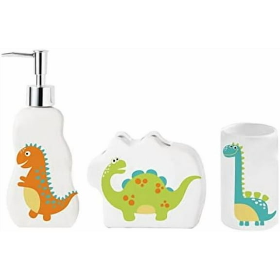 Kids Dinosaur Bathroom Set (3-Piece): Toothbrush Holder, Soap Dispenser, Cup. Adorable décor for playful kids’ bathrooms. Home Decor, Kitchen, & Other.