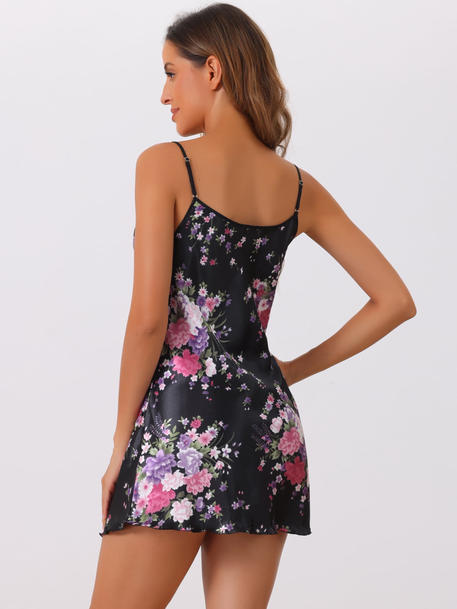 DARING DIVA Women's Satin Slip Silky Mini Floral Nightgowns L Black