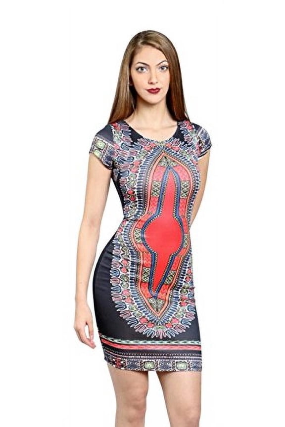 Women's Black Body con Dress with Tribal Print Detail (small)