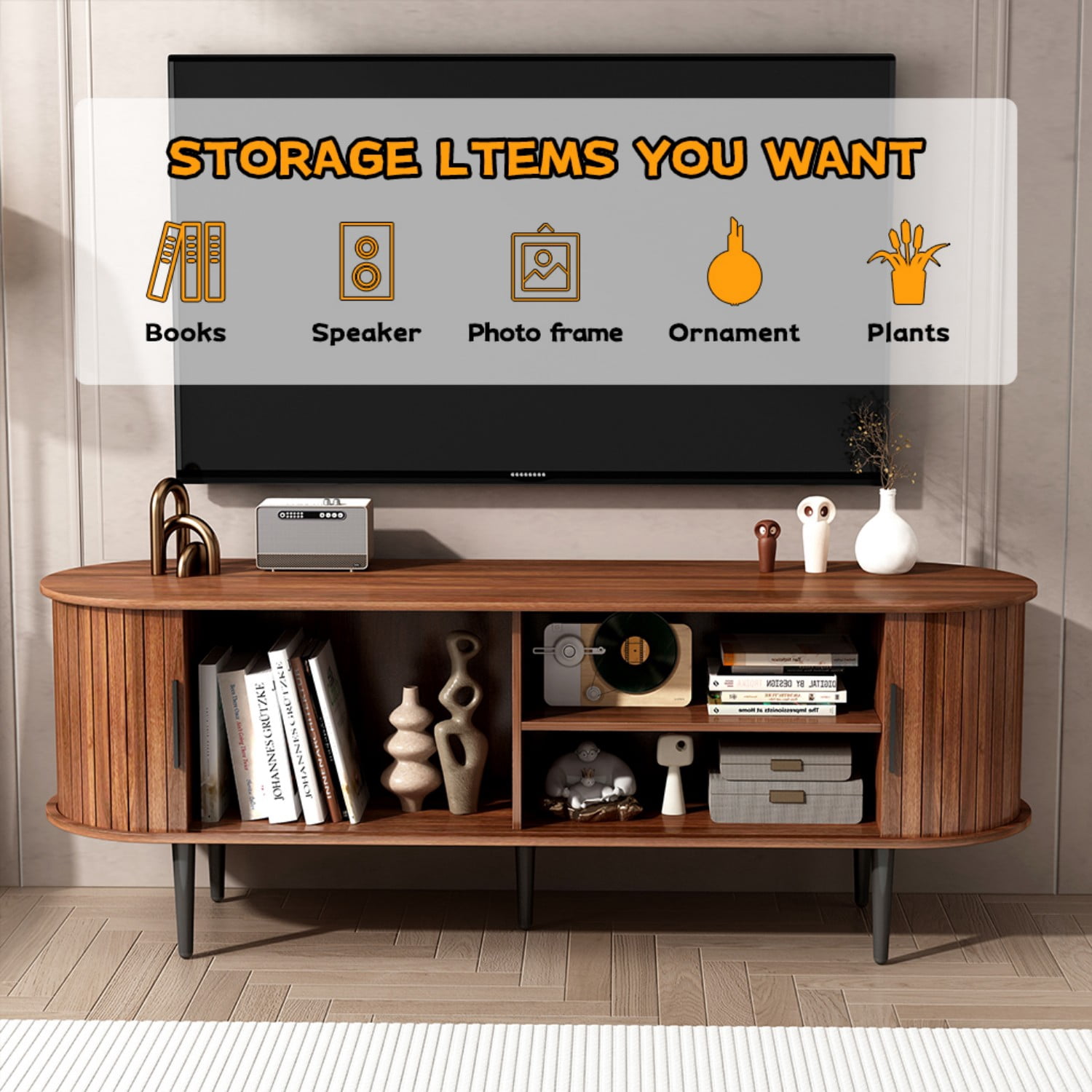 55" Modern TV Stand with Sliding Door Storage Cabinet, Mid Century Media Console Table for Living Room, Bedroom, Office, Espresso