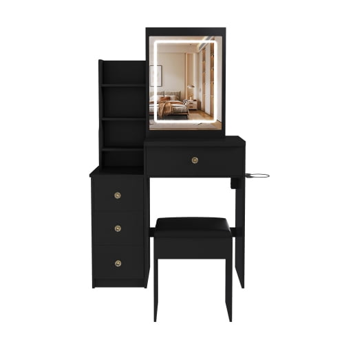 Modern Vanity Desk Set with LED Lighted Mirror, 3 Lighting Modes, Adjustable Brightness, 4 Drawers, Open Storage Shelves, Power Outlet & Hair Dryer Holder, Dressing Chair, Black