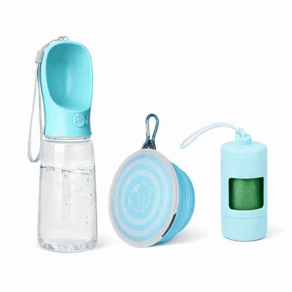Portable Dog Water Bottle, Collapsible Bowl and Poop Bag Dispenser Set, Dog Walking Travel Essentials, 3 Pc