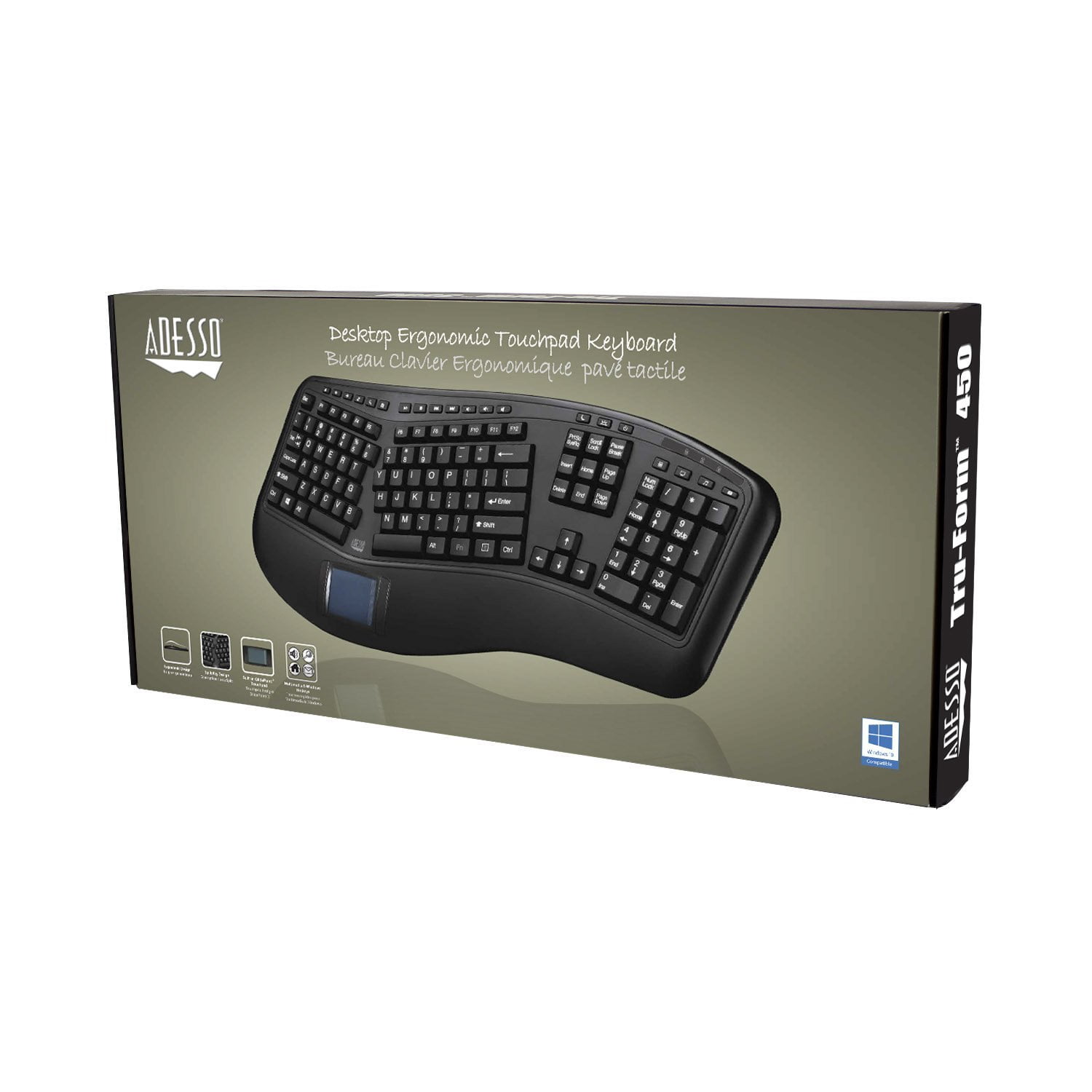 Adesso AKB-450UB Ergonomic Touchpad Keyboard Wired USB Split Key Design Built in Palm Rest 104 Keys 20 Internet Multimedia Hotkeys Quiet Membrane Switches for Windows PC Computer Black
