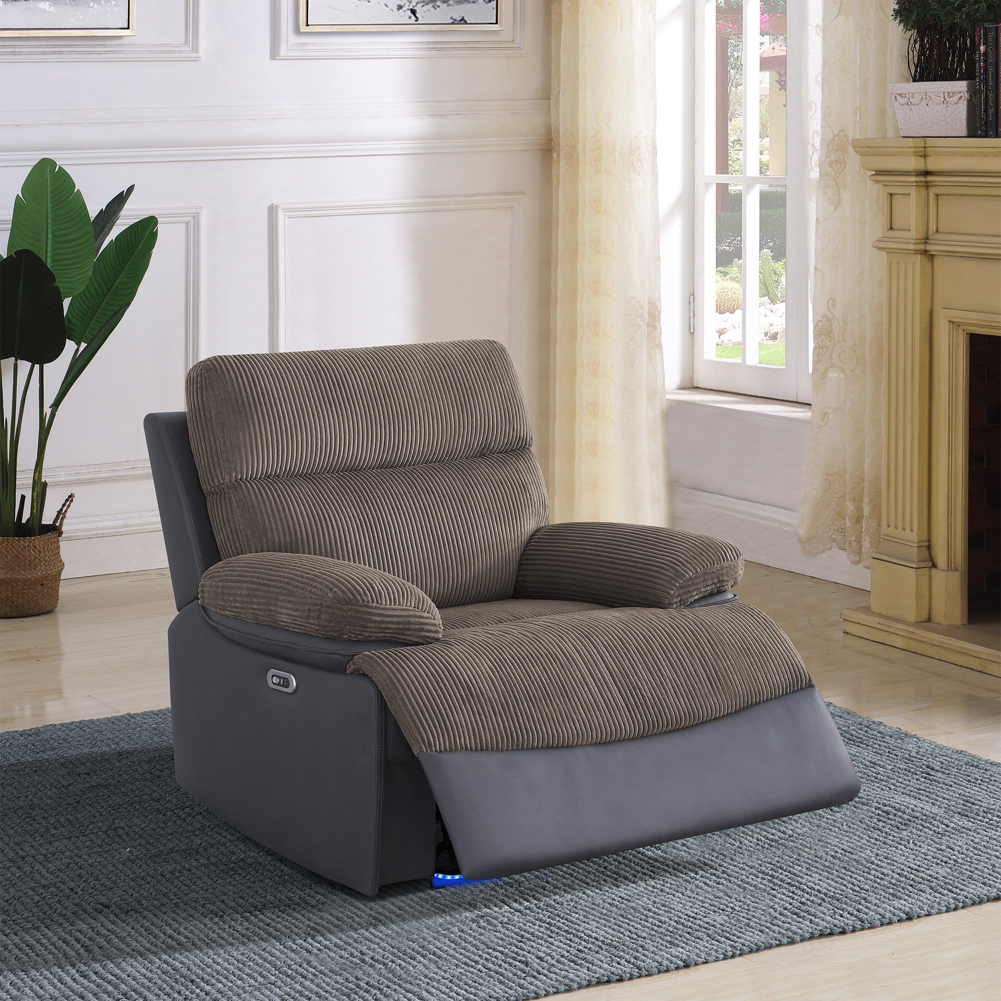 Gewnee Power Recliner Chair, Adjustable Reclining Lounge Chair with USB Ports, LED Lights, Flocking Upholstered Single Sofa Recliner for Living Room, Office, Brown&Blackish Gray