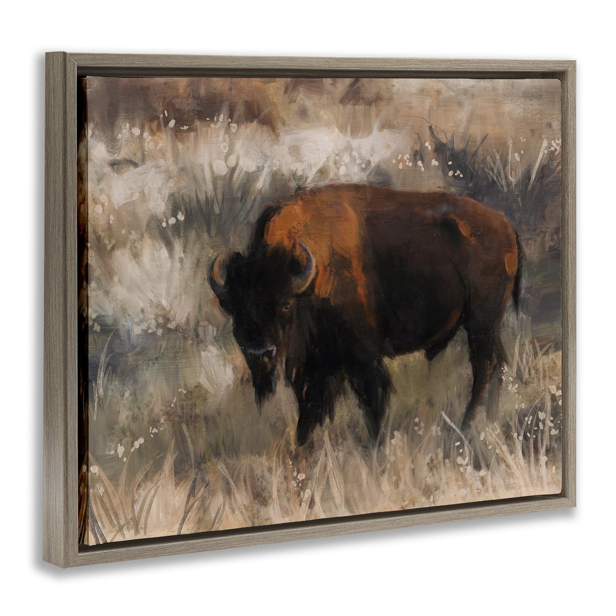 Stupell Industries Traditional Bison Range Animals & Insects Painting Brown Floater Framed Canvas Art Print Wall Art, 21 x 17