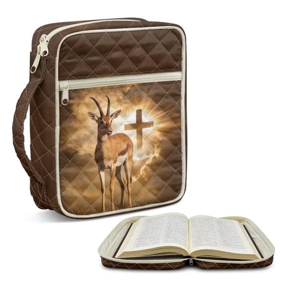 FOR U DESIGNS Antelope Cross Print Bible Cover Case for Women Men Carrying Organizer Bag Washable Bible Journaling Supplies Quilted Handbag Church Bag Bible Protective