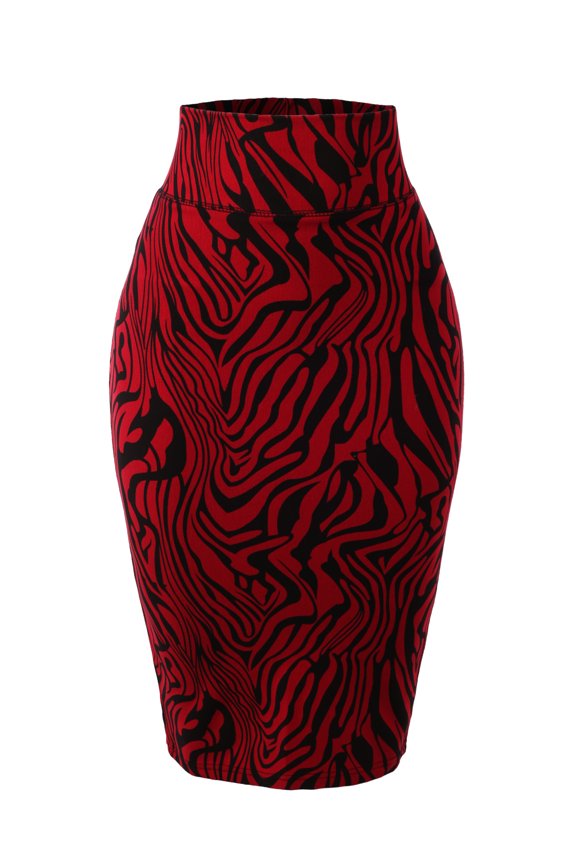 Women's Basic Solid Ponte Knee Length Slit Techno Span High Waist Pencil Skirt Zebra Red M