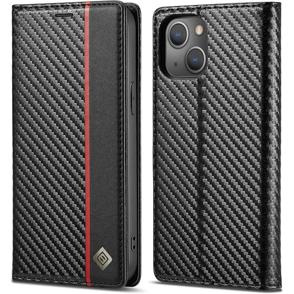 Wallet Case for iPhone 13 6.1 inch, Carbon Fiber Premium PU Leather Flip Case with Card Holder Magnetic Closure Protective Cover for iPhone 13 6.1 inch, Vertical Red Line