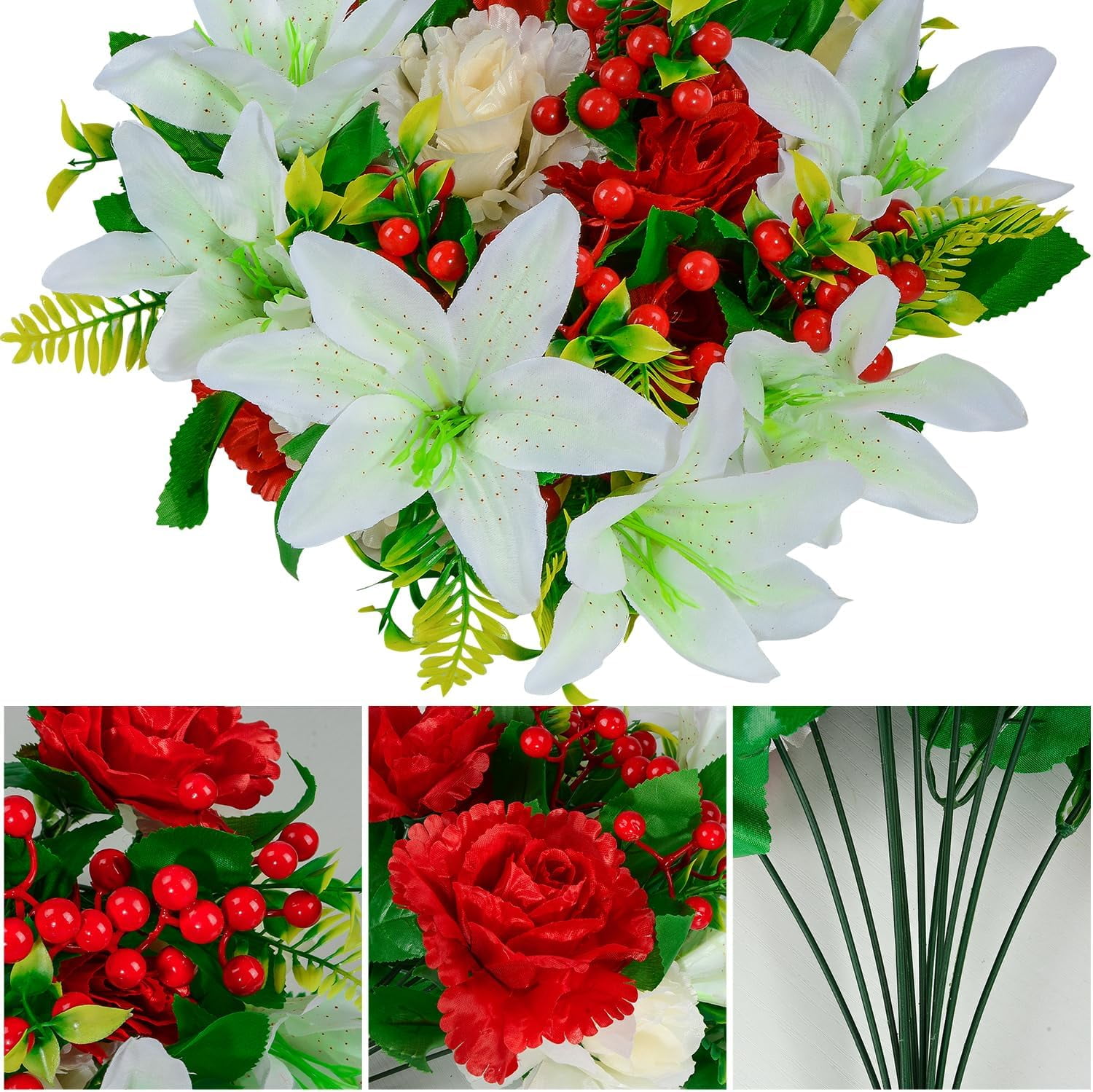 Cemetery Flowers, Set of Artificial Flowers Bouquet Grave Memorial Flowers with Vase for Cemetery Headstones Graveyard Decoration (White Lily)