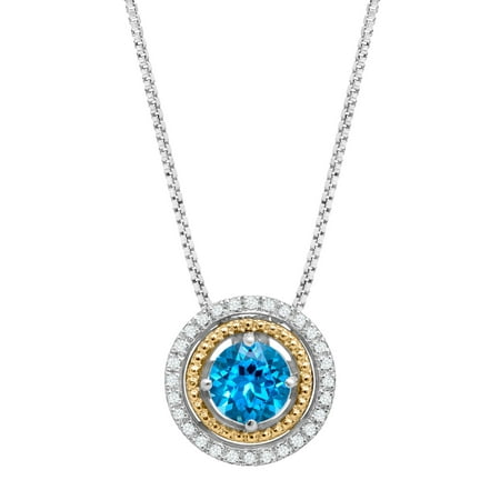 1 ct Natural Swiss Blue Topaz Pendant Necklace with Diamonds in Sterling Silver