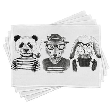 Ambesonne Animal Place Mats Set of 4, Hipster Panda Cigar Fox, Standard Size, Black Grey White