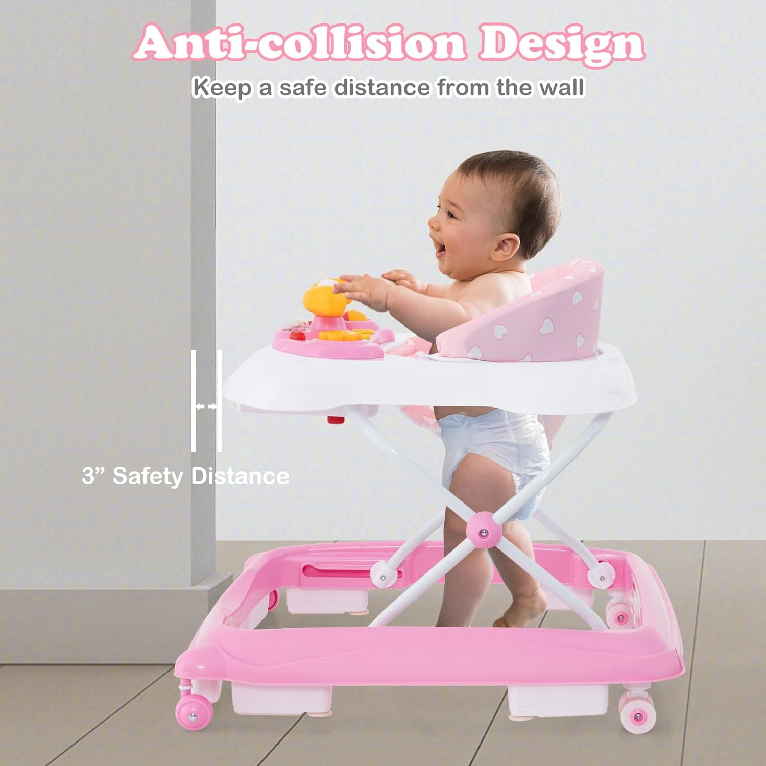 INFANS Foldable Baby Walker, 3 in 1 Toddler Walker Leaning-Seated Walk-Behind with Removable Music Tray, Adjustable Height, Washable Seat Cushion for Boys and Girls