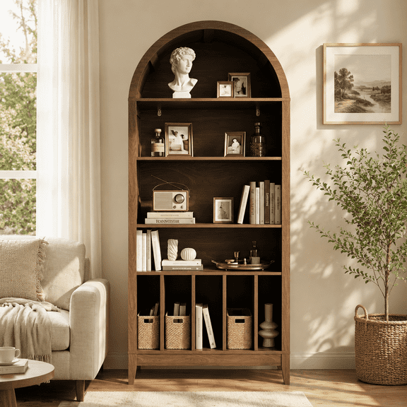 Guqiart 69 Inch 5āTier Arched Wood Bookshelf With Power Outlets, Modern Farmhouse Open Bookcase Storage Organizer For Home Office, Natural