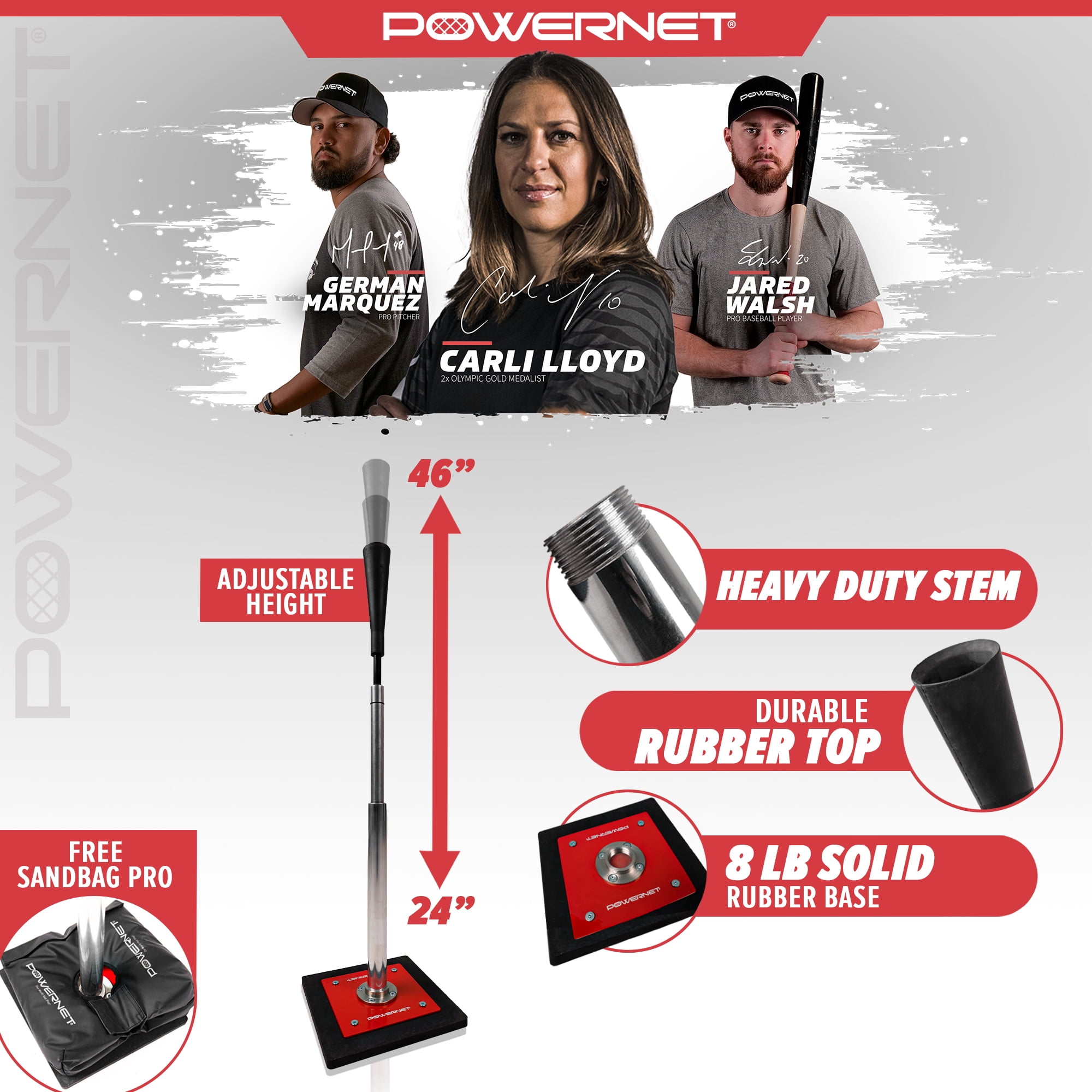 PowerNet Pro Softball Baseball Batting Tee, 25-45 Inch Adjustable Height Tee, Includes Sandbag Pro for Added Stability, Universal Baseball Tees for Hitting Drills