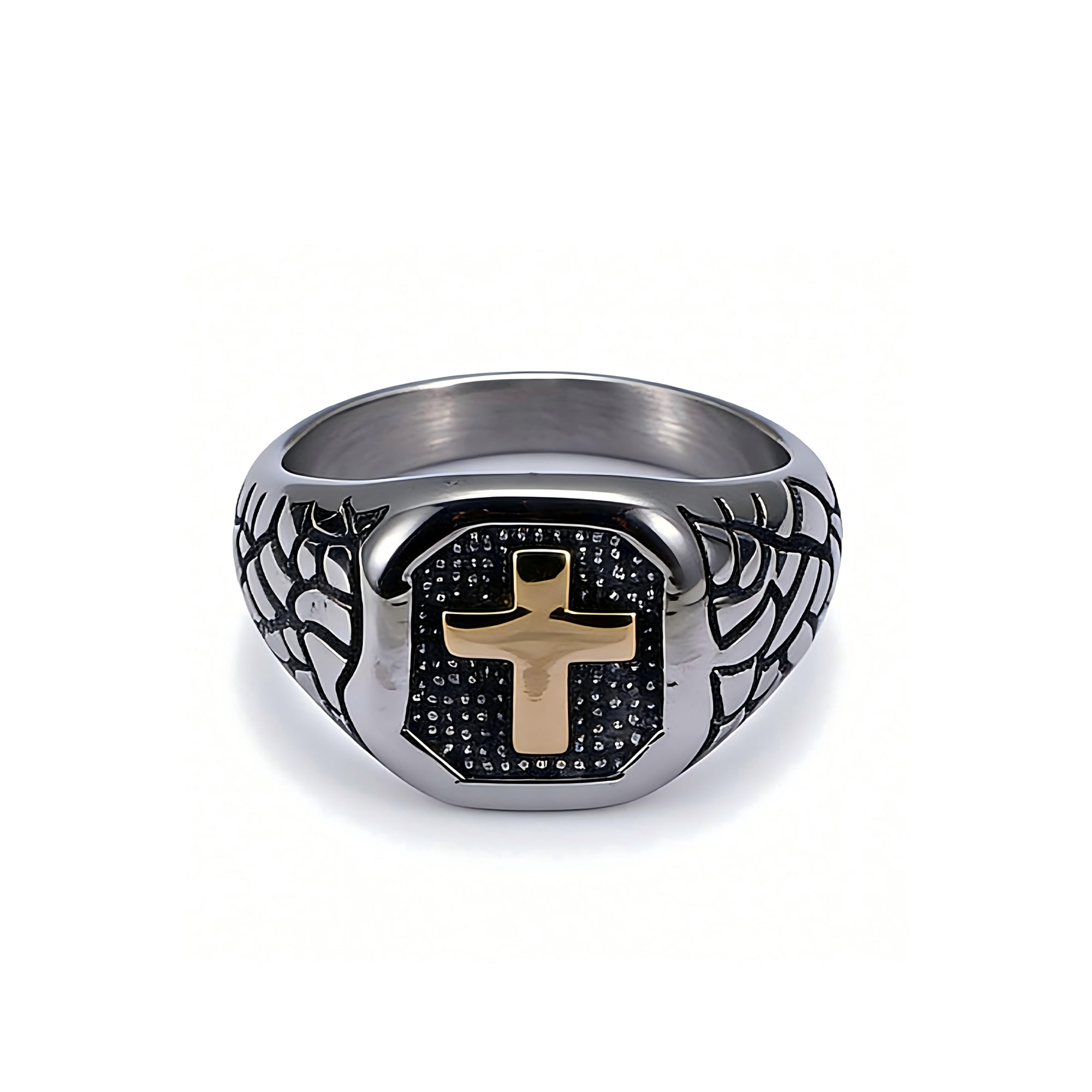 Iron Saints Men Two Tone Textured Cross Signet Ring, Stainless Steel, Religious Men Gift