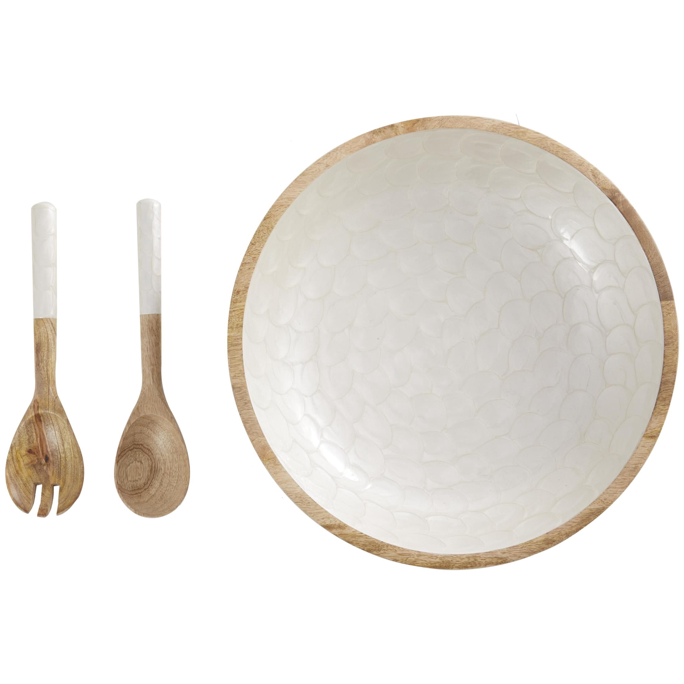 DecMode 15", 11", 11"W Handmade Round Utensils Cream Mango Wood Decorative Bowl with White Interior, Set of 3