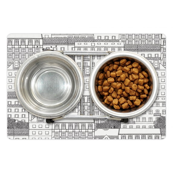 German Pet Mat for Food and Water, Hand Drawn German Style Houses Monochrome European Architecture Sketch Image, Non-Slip Rubber Mat for Dogs and Cats, 18" X 12", by Ambesonne