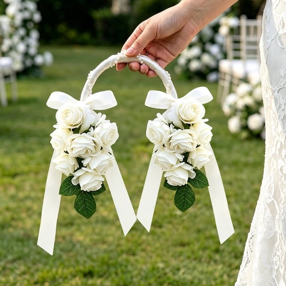 Bridal Bouquet with Pearl Handle, White Artificial Rose Wedding Bouquet for Bride and Bridesmaid, 14 Blooms