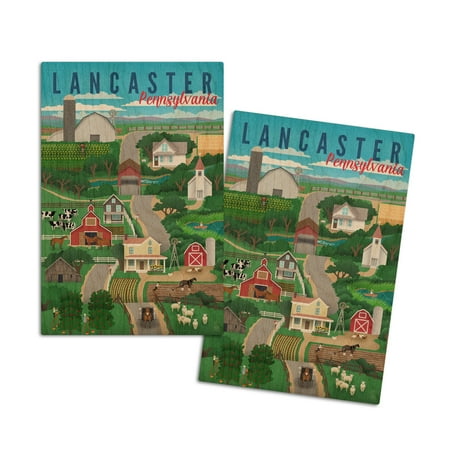 

Lancaster Pennsylvania Retro Countryside Blue and Red Text (4x6 Birch Wood Postcards 2-Pack Stationary Rustic Home Wall Decor)