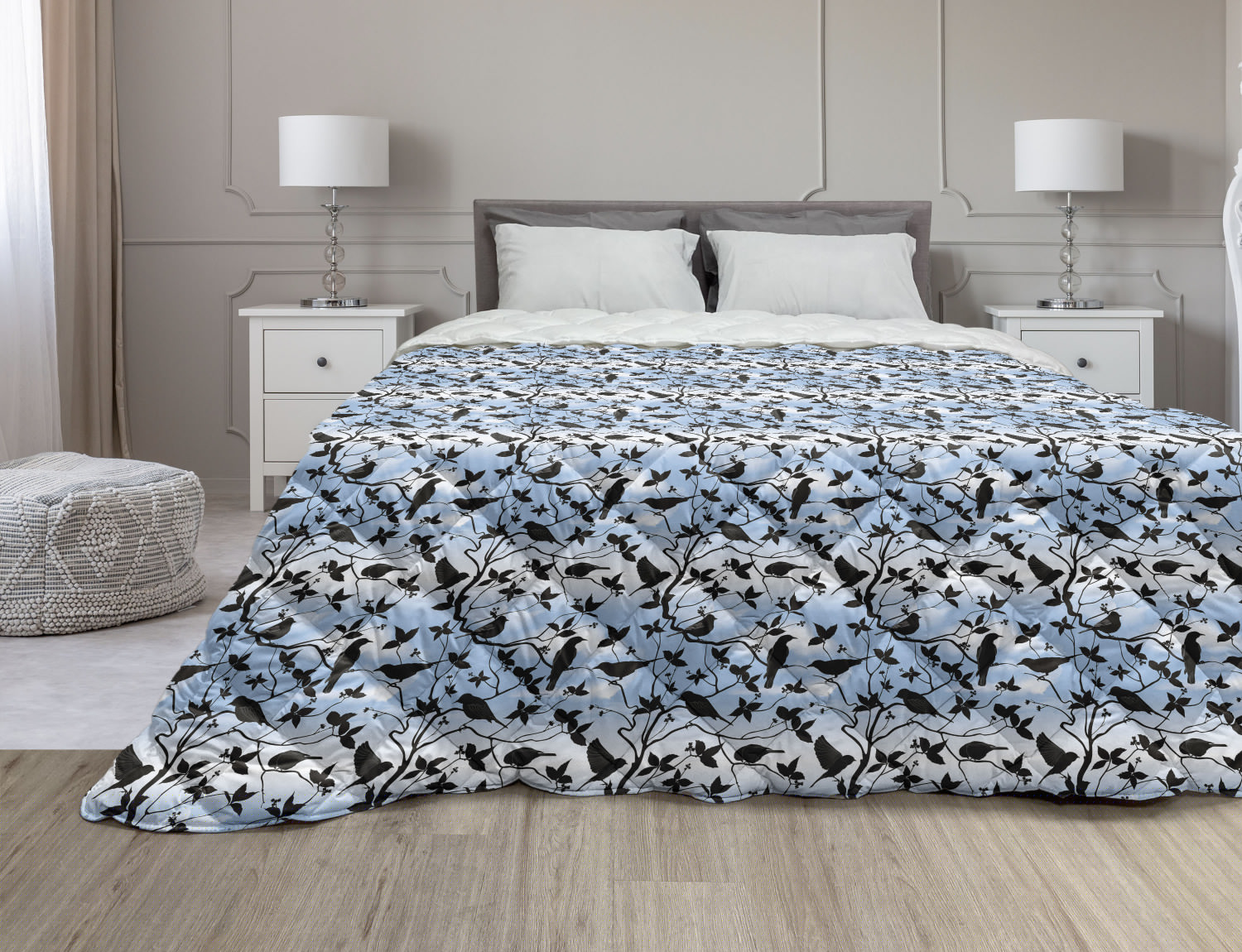 thumbnail image 1 of Birds Down Alternative Comforter, Singing Flying Doves of Polka Dotted Wings Music Melody Sound Theme Print, Microfiber Quilt for All Season, 5 Sizes, Khaki and Petrol Blue, by Ambesonne, 1 of 3