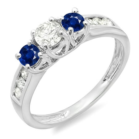 Cut Ladies Diamond Engagment Ring Dazzlingrock Collection 10K Round Cut Blue Sapphire & White Diamond Ladies 3 Stone Engagement Bridal Ring, White Gold, Size 7 ()
