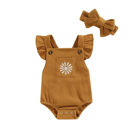 

Calsunbaby Newborn Baby Girl Sun Romper Floral Ruffle Sleeve Bottom Snap Jumpsuit Headband Summer Clothes Caramel Colour 6-12 Months